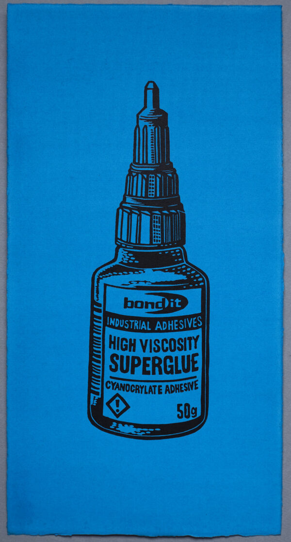 Superglue JUST STOP OIL XR Lino Print Lino Cut Wood Cut Art PrintMaking Extinction Rebellion Miles Glyn Artist Activist Nonviolence Direct Action Drawing Illustration